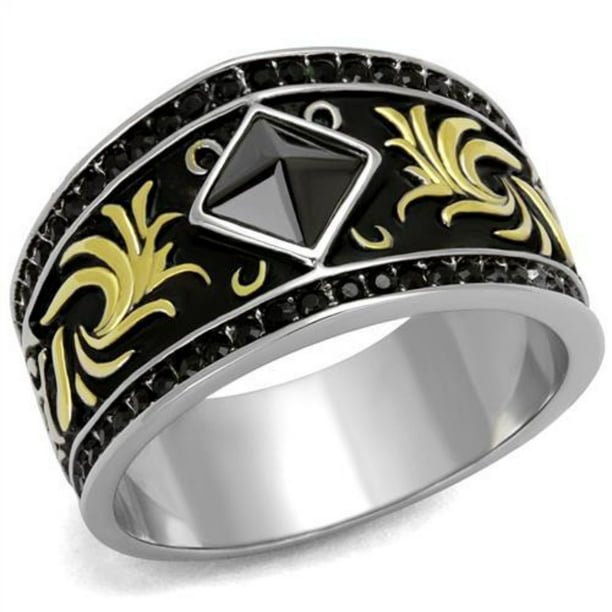 Men's Classy Synthetic Jet Black Stone Yellow Gold IP Stainless Ring 8-13 TK3221